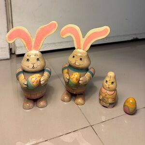 Vtg Midwest Cannon Falls Easter Nesting Bunny Set of 2 Thin Wooden Dolls Egg 6"